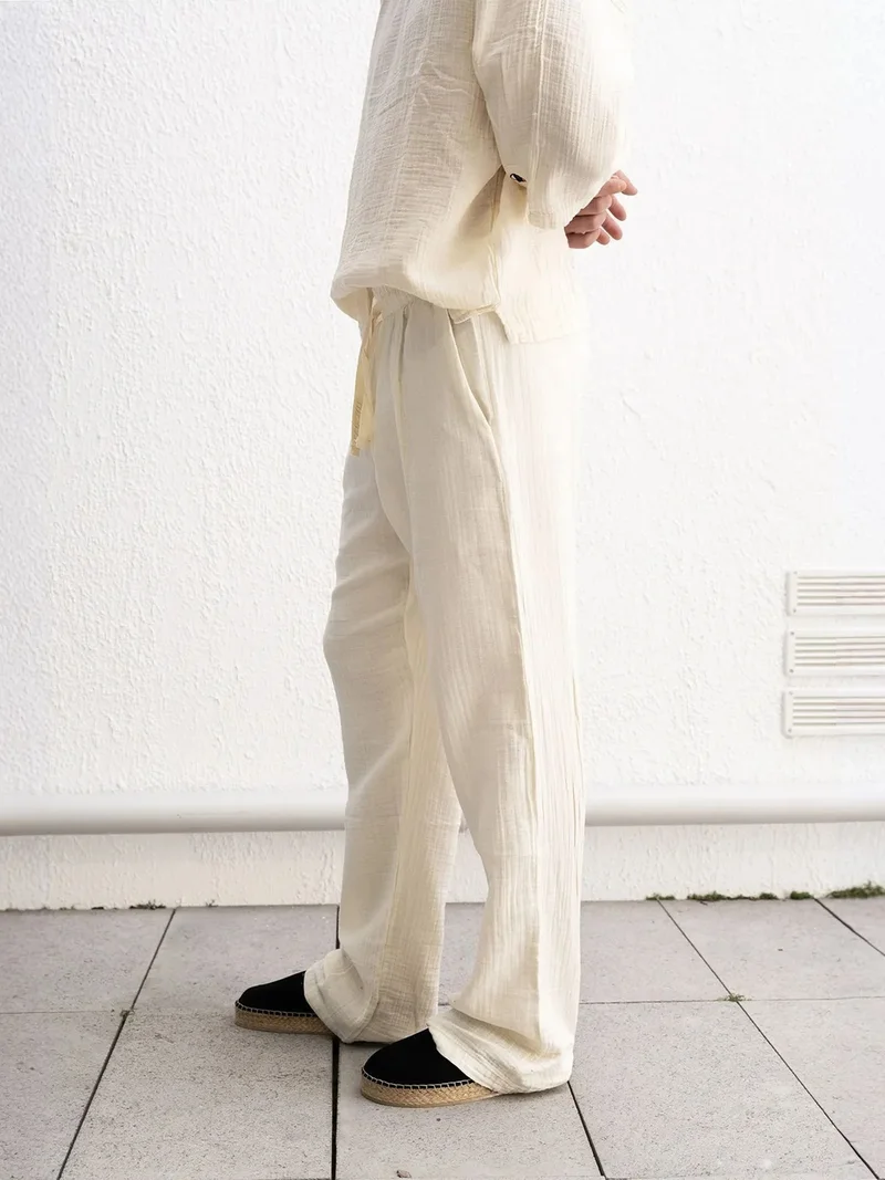 Giesto Beige Natural GIESTO Textured Cotton Relaxed Fit Drawstring Pants for Men | Best Price UAE